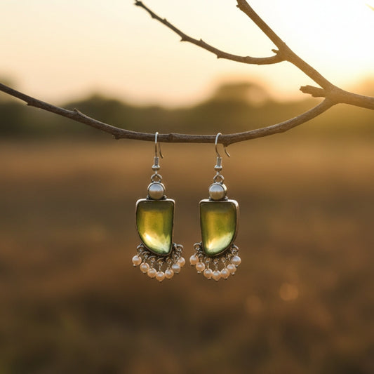 Oxidized Light Green Stone & Pearl Danglers