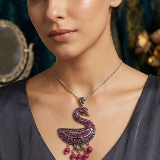 Oxidized Swan Pendant Necklace with Diamond-Look Stones & Hanging Pearl Drops