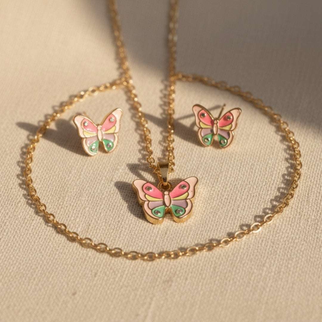 Kids Butterfly Necklace & Earring Set – Multicolor Enamel