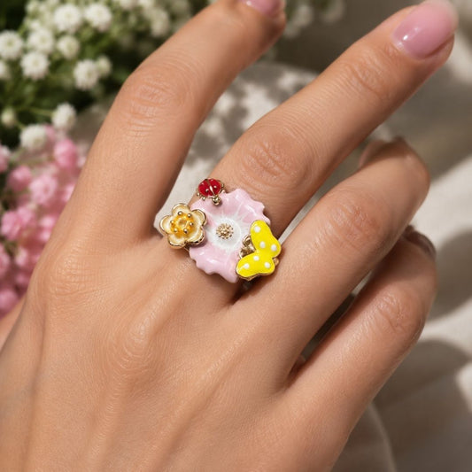 Ladybug Blossom Adjustable Ring – 18K Gold Plated Enamel Floral Ring
