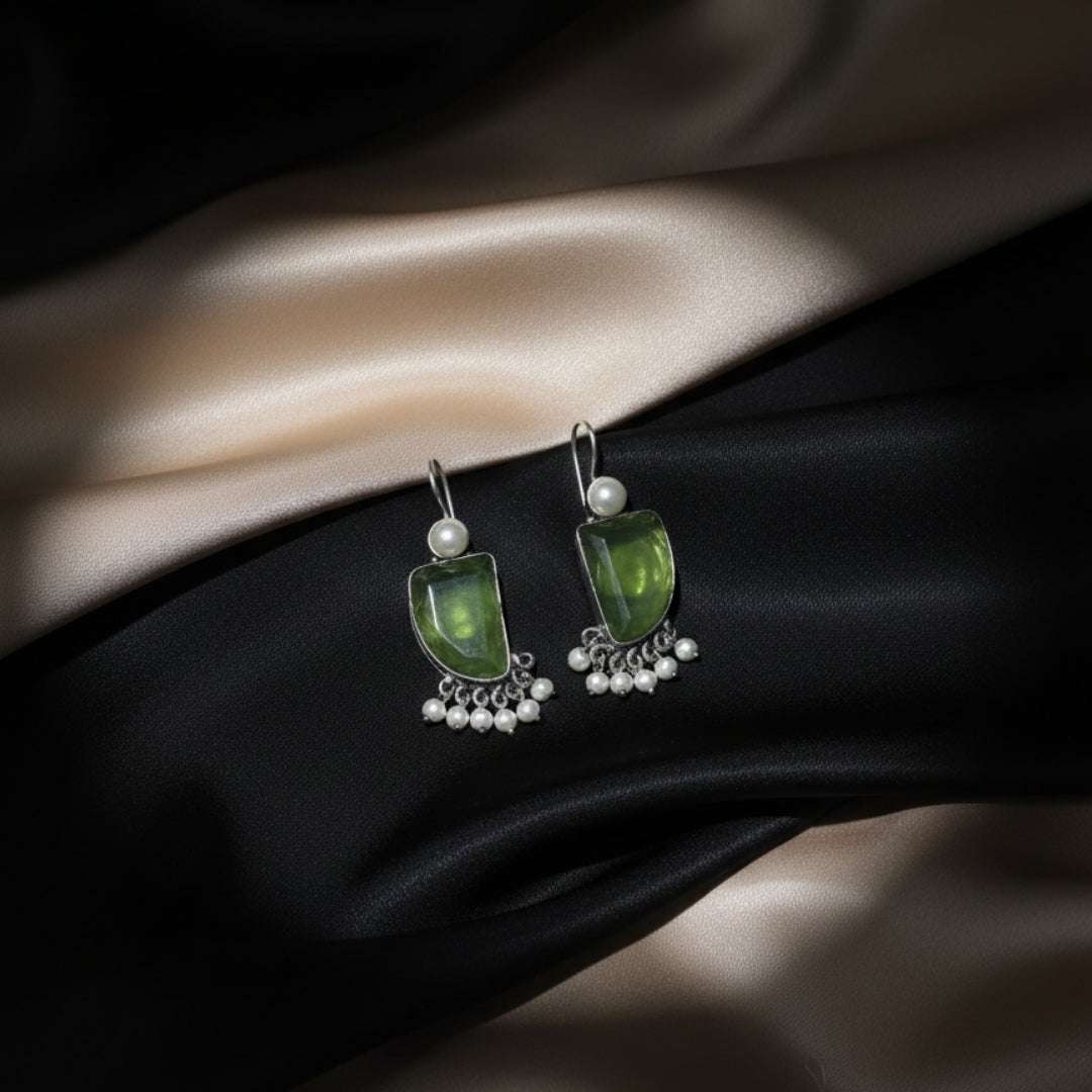 Oxidized Light Green Stone & Pearl Danglers