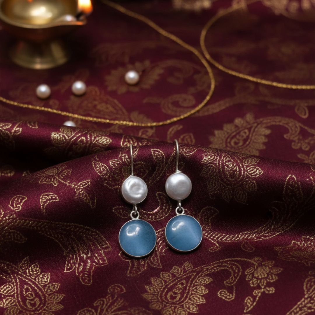 Pearl & Blue Stone Silver Drop Earrings