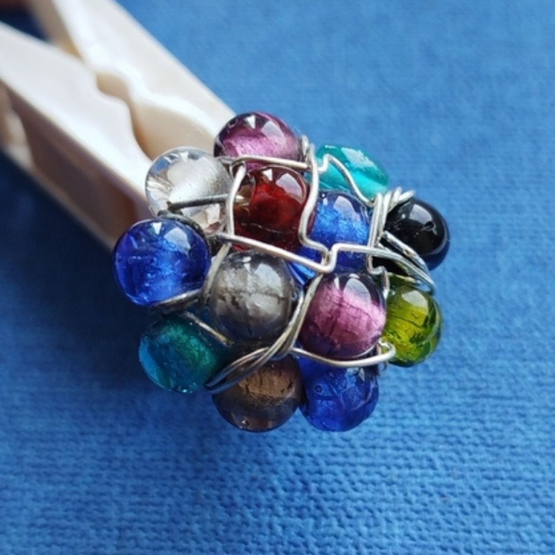 Handmade Multi Color Beaded Wire Wrap Cluster Ring
