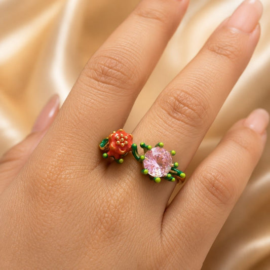 Blooming Floral Open Ring with Pink Oval Crystal