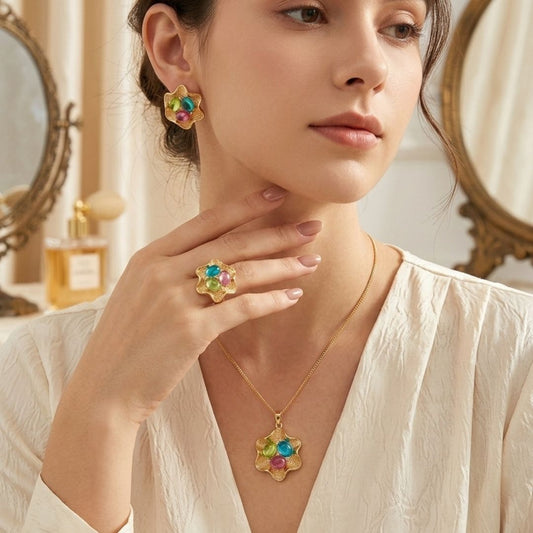 New style women's jewelry set with a unique petal design, earrings and long necklace