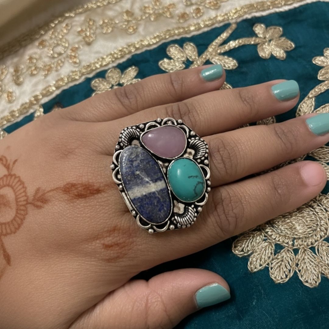 Bohemian Garden Natural Stone Oxidised Statement Ring