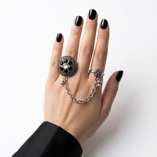 Oxidized German Silver Dual Ring Chain Black Stone Statement Hand Harness