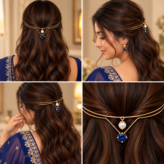 Gold-Plated Blue Stone Pearl Hairlet for Women