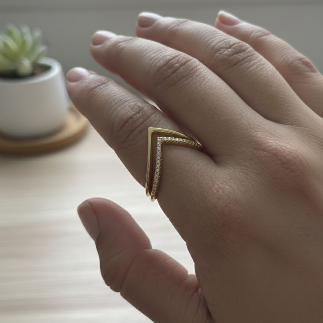 Anti-Tarnish 18K Gold Plated V Design Ring