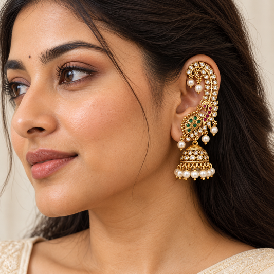 AD Stone Ear Cuff Jhumka Earrings with Multiple Green & Pink Stones