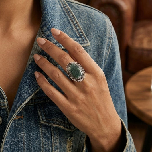 Elegant Oxidised Silver Adjustable Ring with Green Stone