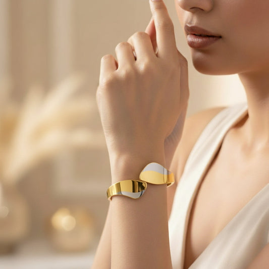 Dual Tone Gold & Silver Designer Bracelet | Modern Leaf Statement Bangle