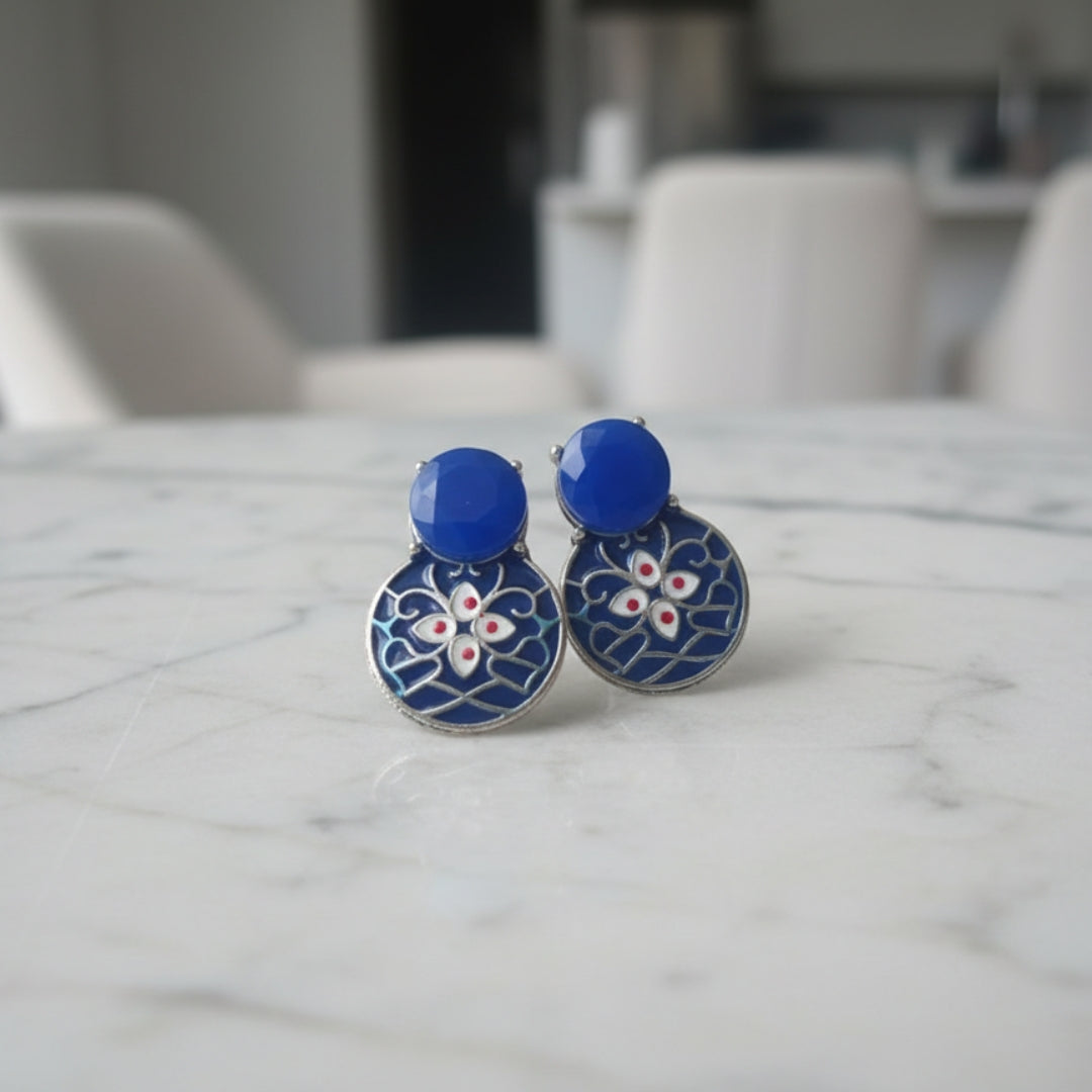 Oxidised Blue Enamel Floral Stud Earrings