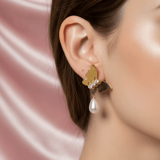 Gold Butterfly Pearl Drop Earrings