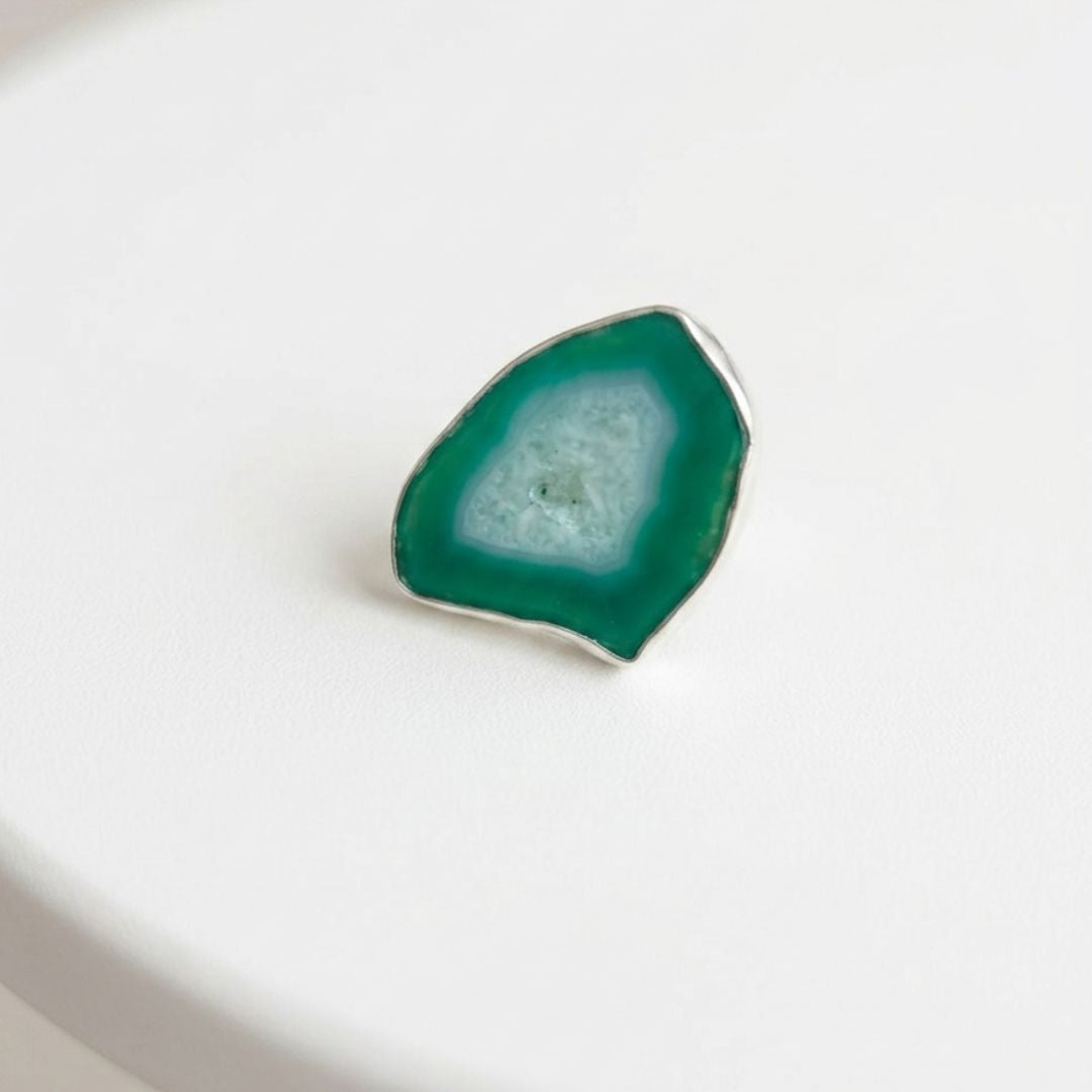 Green Druzy Agate Slice Ring in Sterling Silver