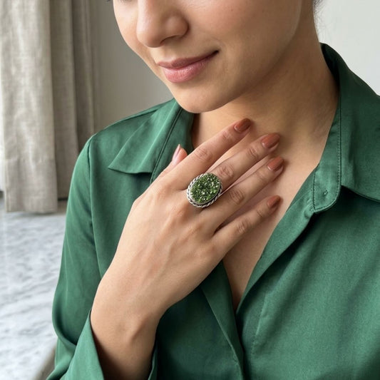 Oxidised Green Druzy Stone Ring – Bold Statement Design