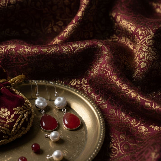 Silver Pearl & Red Onyx Teardrop Earrings