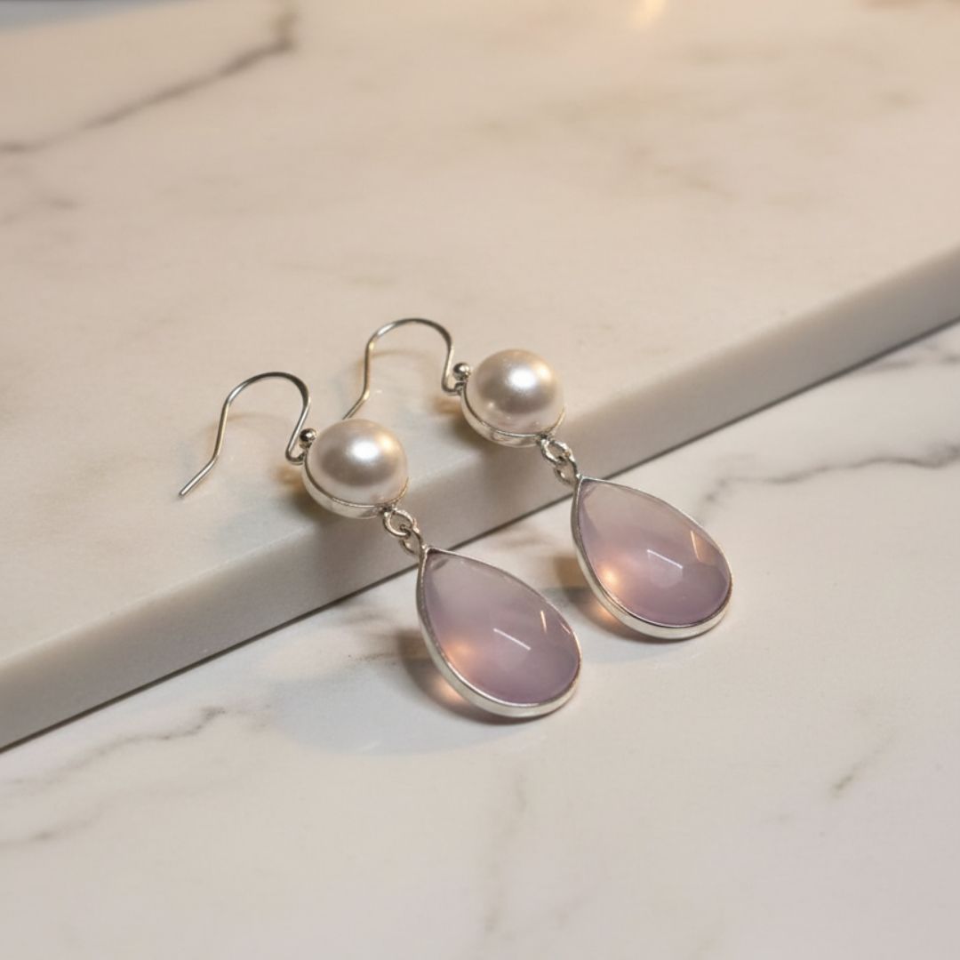 Silver Pearl & Rose Quartz Teardrop Earrings