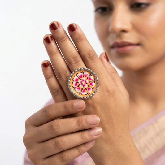 Elegant Meenakari Orange Floral Silver Adjustable Finger Ring