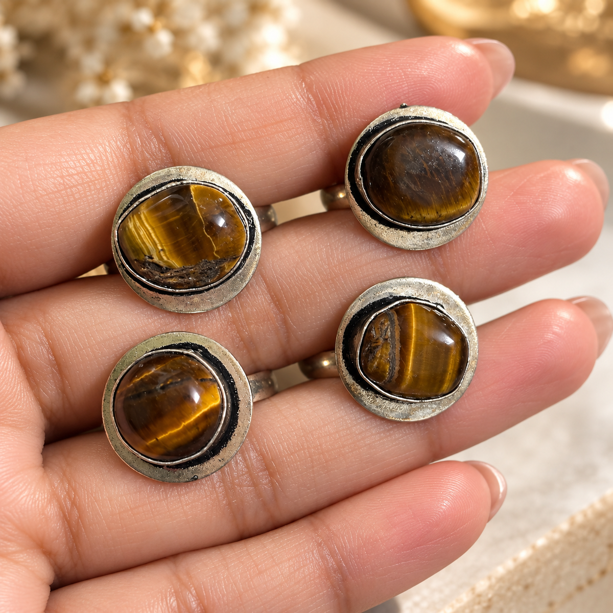 Oxidised German Silver Tiger Eye Natural Stone Statement Ring