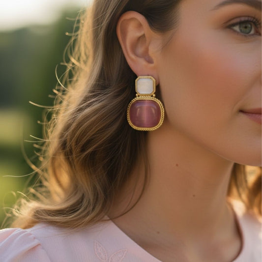 Oxidised Stone Stud Earrings – Soft Pink & Ivory