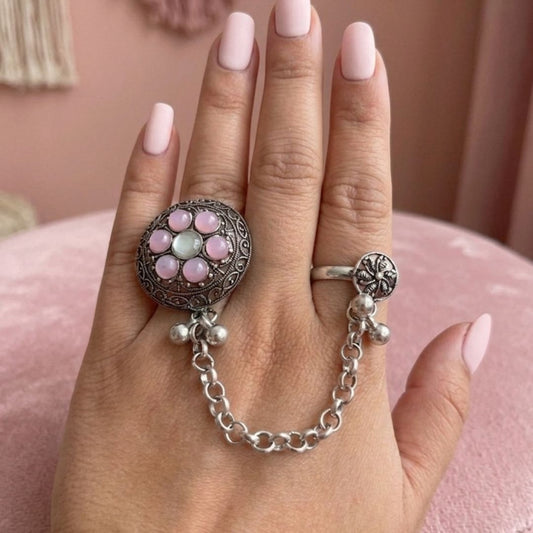 Oxidized German Silver kashmiri style Pink Stone Floral Chain Hand Harness Ring