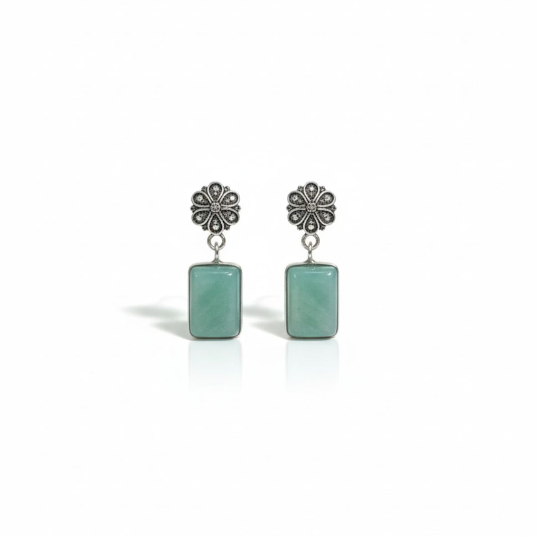 Antique Silver Floral Studs with Aqua Stone Drop Earrings