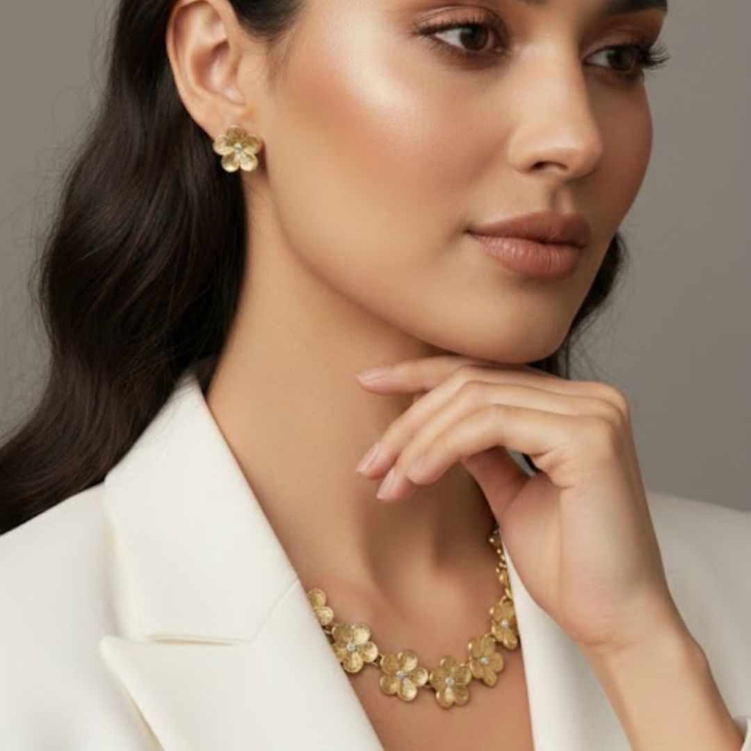 Gold Plated Floral Necklace Set with Earrings