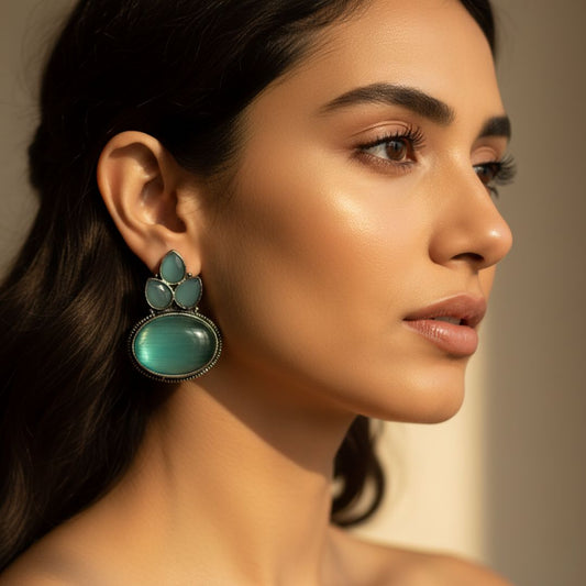 Oxidized Sky Blue Stone Stud Earrings