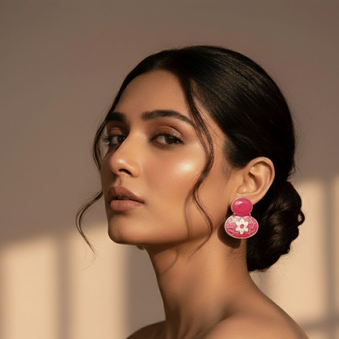 Oxidized Pink Enamel Floral Stud Earrings