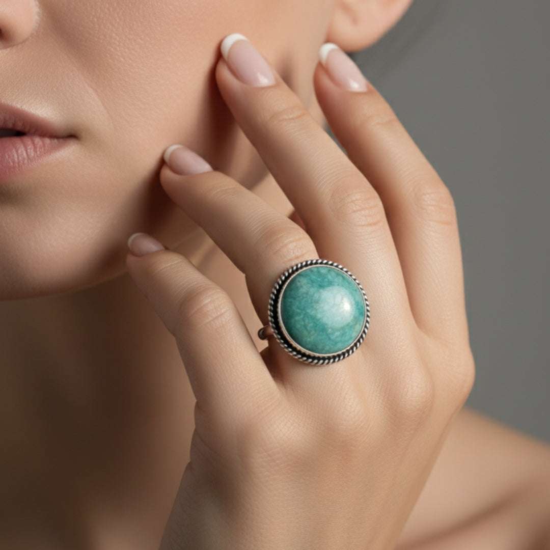 Seafoam Green Amazonite Oxidized Silver Finger Ring