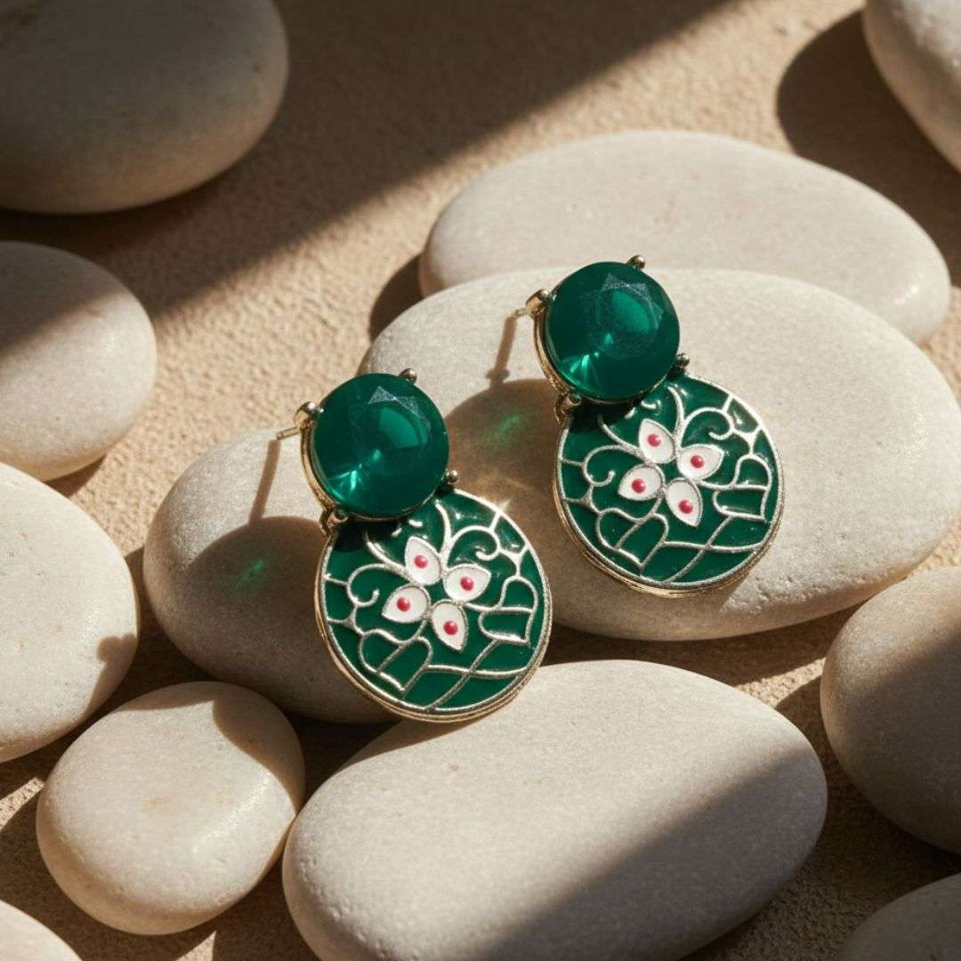 Oxidized Green Enamel Floral Stud Earrings