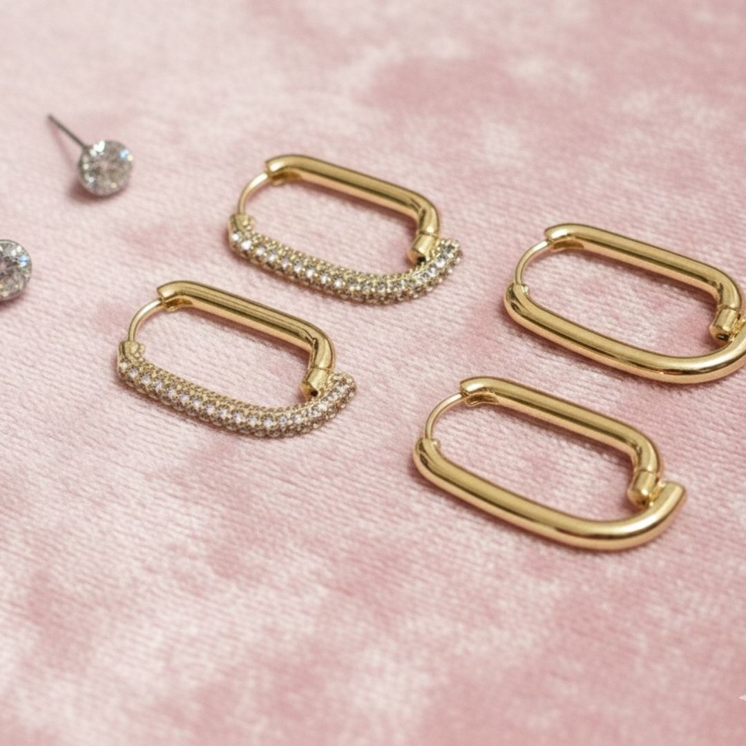 Gold Plated CZ Square Hoop Earrings Set | Anti-Tarnish
