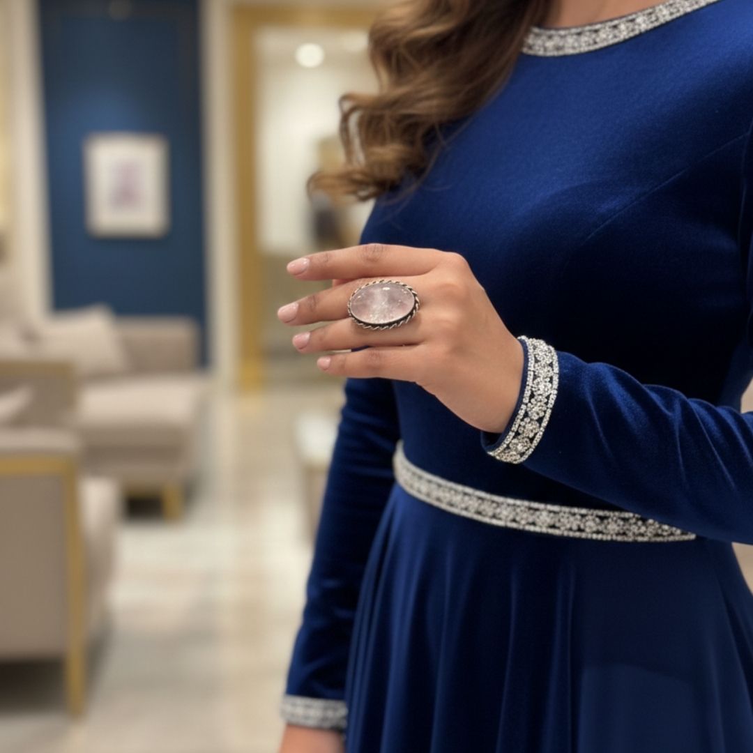 Blush Halo Oval Stone Oxidised Ring