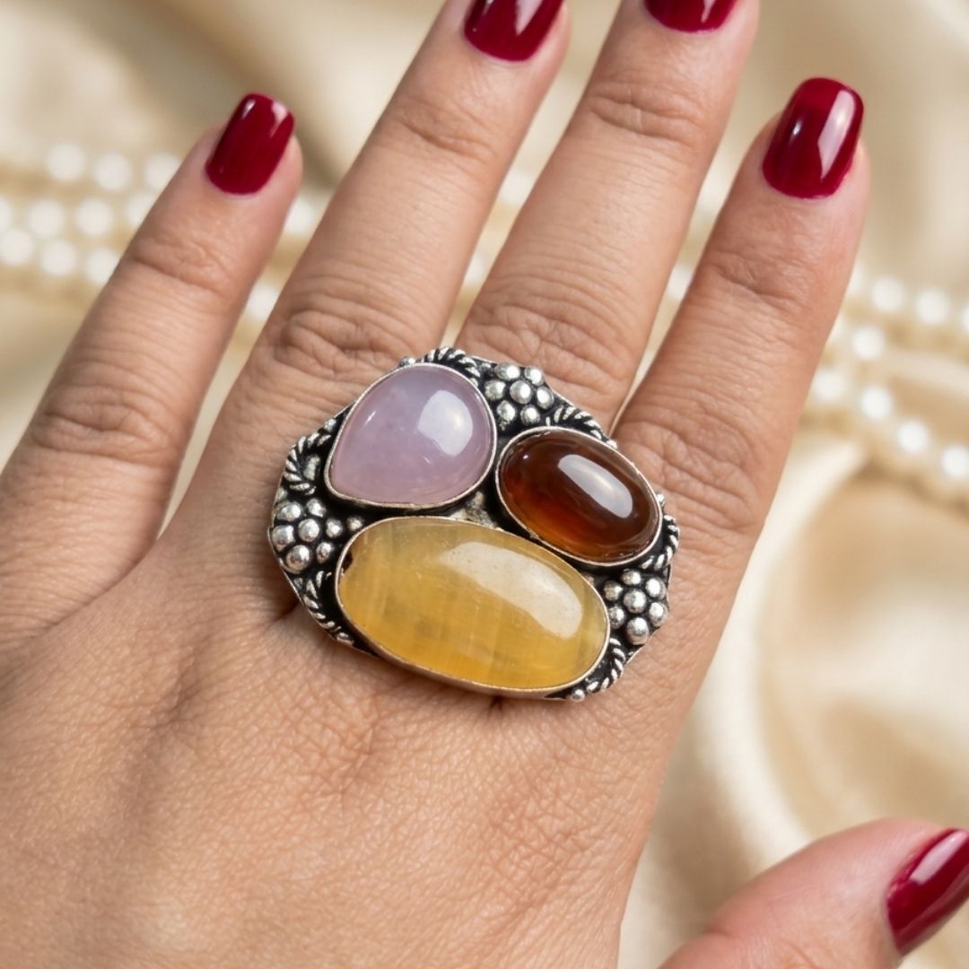 Vintage Bohemian Multi-Stone Statement Ring in Oxidized Silver