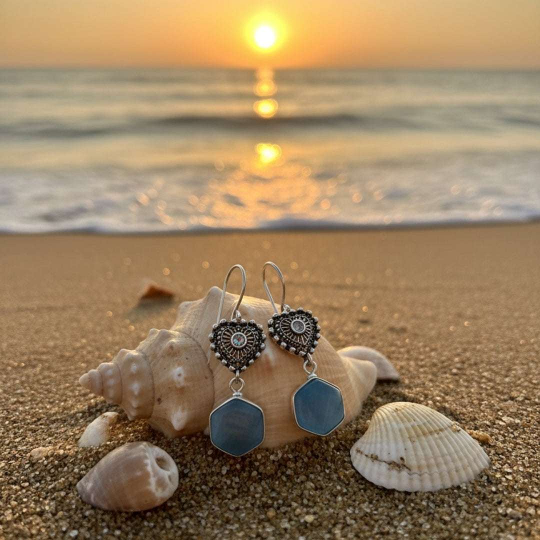 Antique Silver Heart & Aqua Drop Earrings