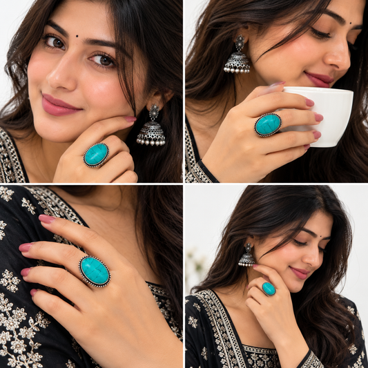 Oxidised Silver Turquoise Stone Statement Ring