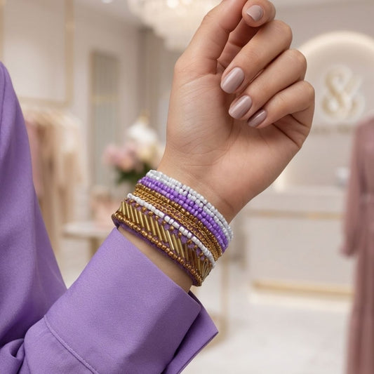 Lavender & Gold Beaded Statement Cuff Bracelet