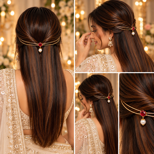 Gold-Plated Red Stone Pearl Hairlet for Women