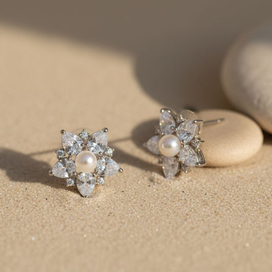 American Diamond Pearl Flower Stud Earrings