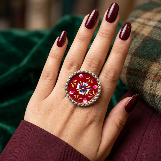 Elegant Meenakari Maroon Floral Silver Adjustable Finger Ring