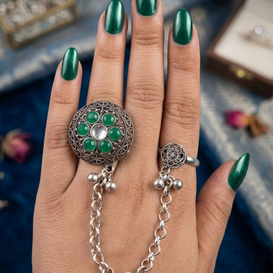 Oxidized German Silver Kashmiri-Style Green Stone Floral Chain Hand Harness Ring