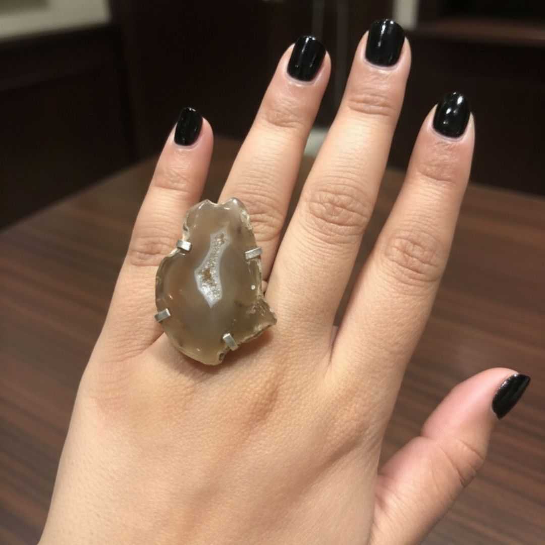 Natural Agate Slice Ring with Oxidised Silver Finish