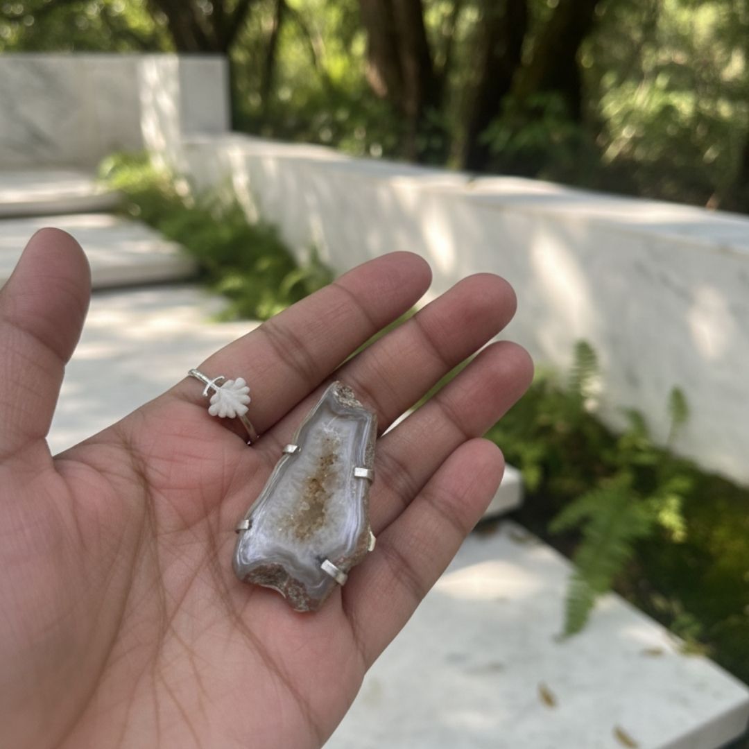 Raw Druzy Agate Pendant with Oxidised Silver Setting