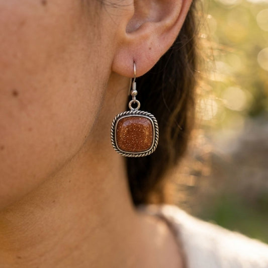 German Oxidized Silver Square Brown Stone Drop Earrings