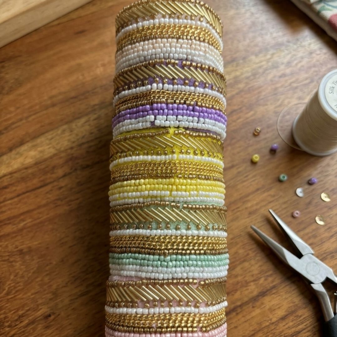 Lavender & Gold Beaded Statement Cuff Bracelet