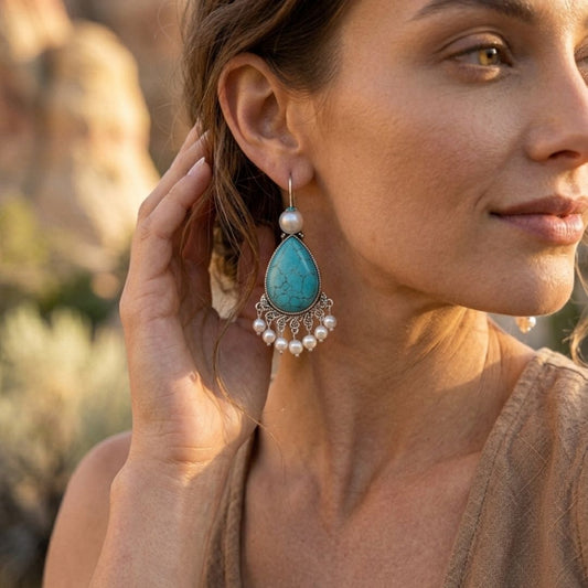 Vintage Turquoise & Pearl Drop Earrings in Sterling Silver