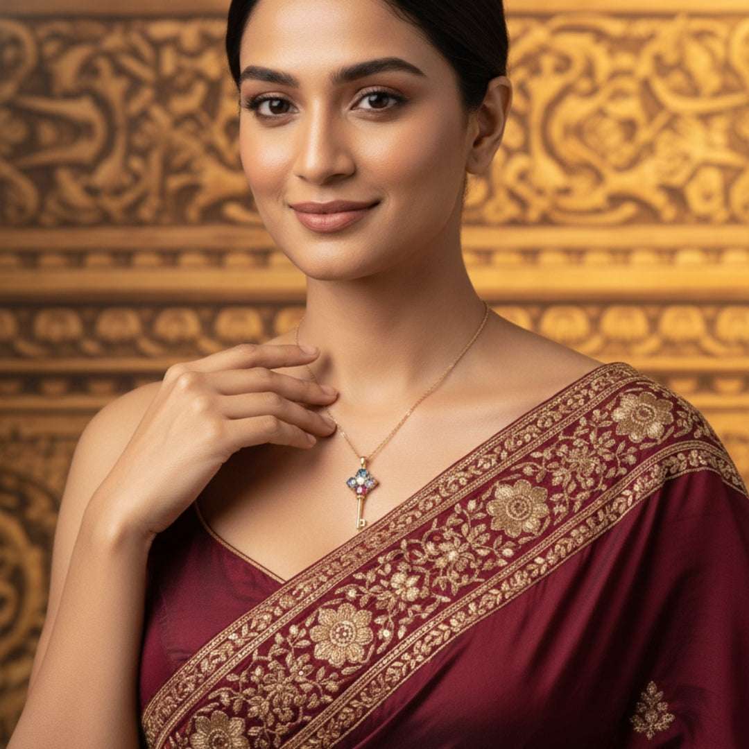 Gold Key Pendant Necklace with Colorful Stones