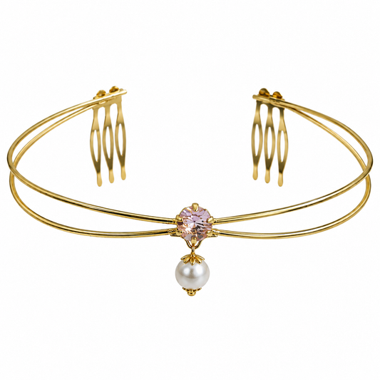 Gold-Plated Pink Stone Pearl Hairlet for Women