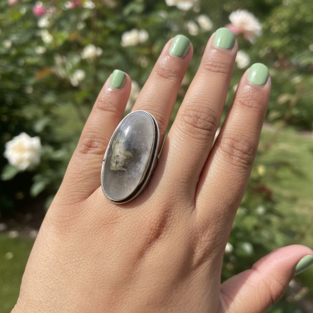 Handcrafted Natural Stone Ring with Oxidised Silver Finish